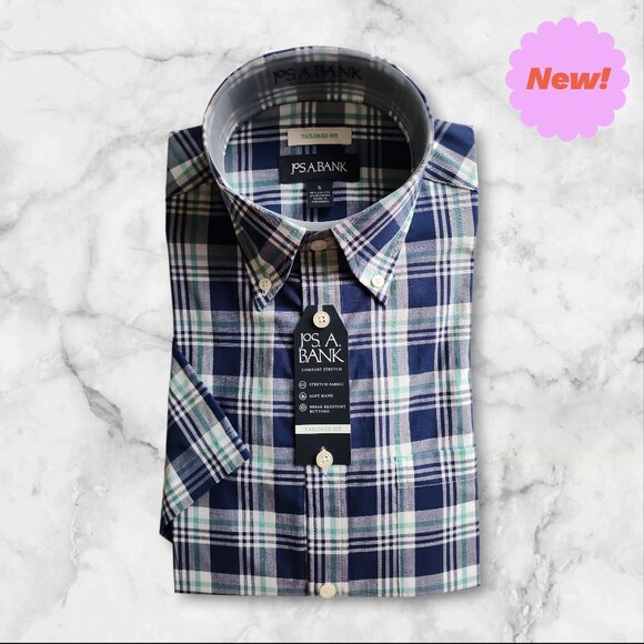 Small Casual Blue Plaid Shirt Jos A Bank S New Mens Size Sleeve Button Front Nwt - Picture 1 of 17